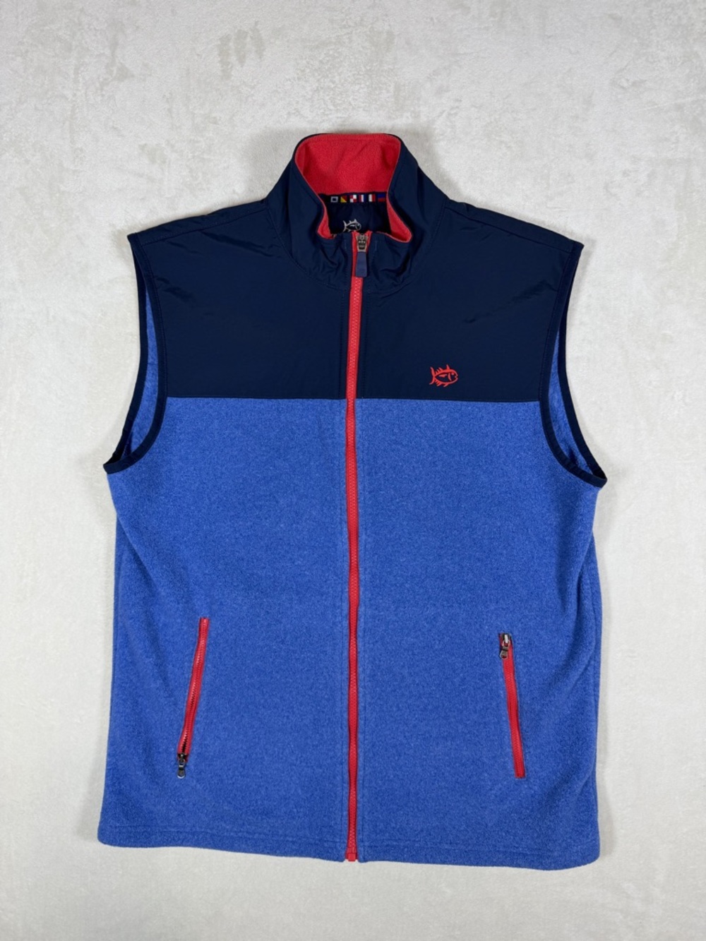 Southern Tide Medium Blue & Navy Fleece Vest with Red Trim Front Logo
